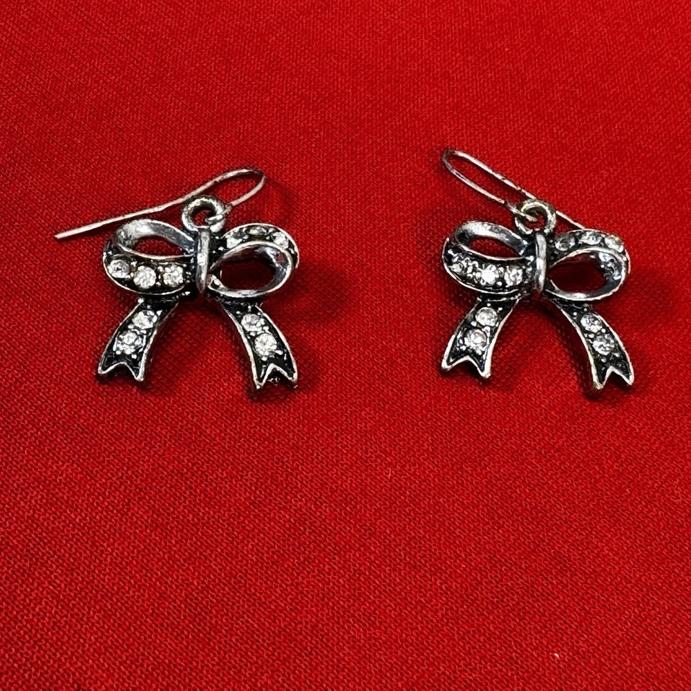 Small Silver Tone Bows with Mini Clear Crystals‎ Hook Pierced Earrins